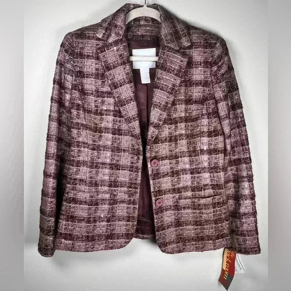 Votre Nom Wool Blend Plaid Tweed Blazer Plum Pink Sparkle Women’s Size 6 - Picture 7 of 15